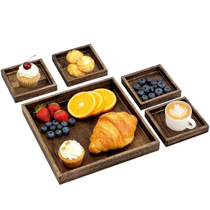 5-Piece Rustic Wooden Serving Tray Set, Handcrafted Nesting Trays with Handles for Ottoman & Coffee Table Decor, Lightweight Paulownia Wood Food Trays for Kitchen, Outdoor Picnic & Parties