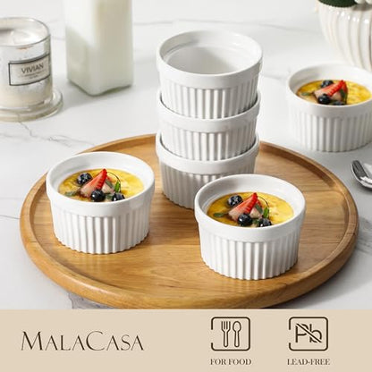 MALACASA Ramekins 6 oz Oven Safe, Porcelain Creme Brulee Ramekins Pudding Custard Cups Small Ceramic Souffle Dishes Ramakan Ramiken Ramicans Baking Bowls Set of 6, White, Series RAMEKIN-DISH