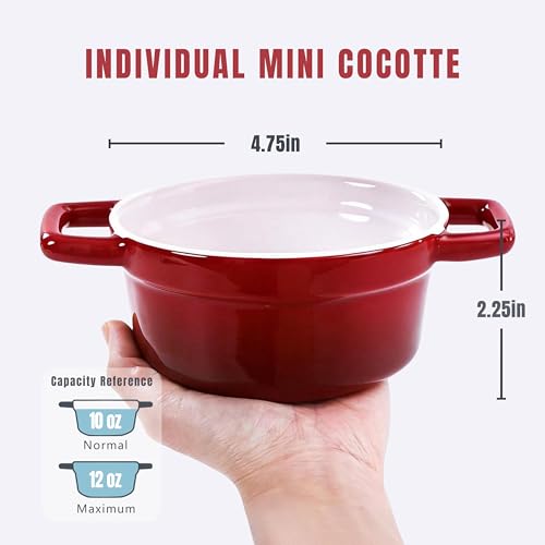 Lareina Mini Cocotte - 12oz Ceramic Casserole Dishes - Kitchen Casserole Sets With Handles And Lid - Small Baking Ramekins - Oven, Microwave & Dishwasher Safe - Set of 4 - Red