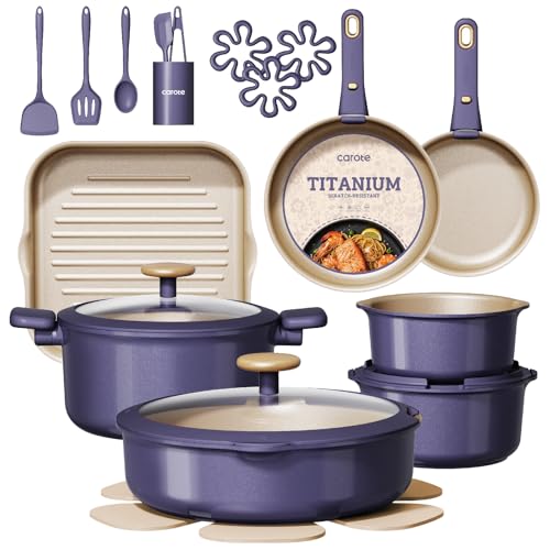 CAROTE 26 Pcs Pots and Pans Set, Nonstick Cookware Sets with Detachable Handle, Purple Dishwasher Safe, Oven Safe, Cookware Non Stick Cooking Set w/Frying Pans & Saucepans(PFOS, PFOA Free)