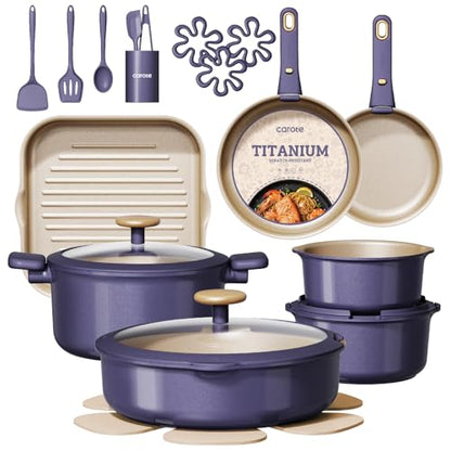 CAROTE 26 Pcs Pots and Pans Set, Nonstick Cookware Sets with Detachable Handle, Purple Dishwasher Safe, Oven Safe, Cookware Non Stick Cooking Set w/Frying Pans & Saucepans(PFOS, PFOA Free)