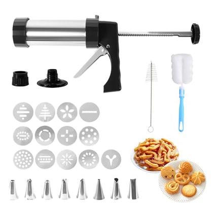 Tiaforza Stainless Steel Cookies Press Set, Churro Maker Machine, Cookie Press Gun Kit with 13 Cookie Discs, 8 Piping Tips and 2 Clean Brushes for DIY Biscuit/Cake Maker and Decorating Baking Supplies