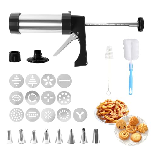 Tiaforza Stainless Steel Cookies Press Set, Churro Maker Machine, Cookie Press Gun Kit with 13 Cookie Discs, 8 Piping Tips and 2 Clean Brushes for DIY Biscuit/Cake Maker and Decorating Baking Supplies