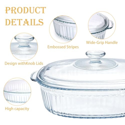 2 Pack Glass Casserole Baking Dishes with Lids for Oven,1.9 Qt and 3 Qt Ribbed Oval Glass Serving Dishes Bakeware Set for Lasagna,Casseroles,Leftovers,Cooking,Kitchen