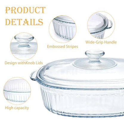 2 Pack Glass Casserole Baking Dishes with Lids for Oven,1.9 Qt and 3 Qt Ribbed Oval Glass Serving Dishes Bakeware Set for Lasagna,Casseroles,Leftovers,Cooking,Kitchen