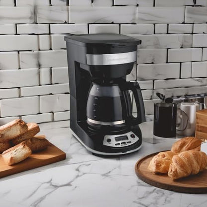 Hamilton Beach 12 Cup Programmable Drip Coffee Maker Machine, Regular & Bold Brew Options, Auto Pause and Pour, Glass Carafe, Black with Stainless Accents (46299J)