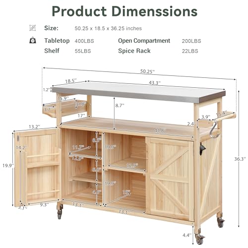 Outdoor Kitchen Rolling Bar Cart with Storage Cabinet, Farmhouse Solid Wood Outdoor Grill Table with Stainless Steel Top, Spice Rack and Towel Rack, Perfect for Barbecue Poolside Patio (Natural)
