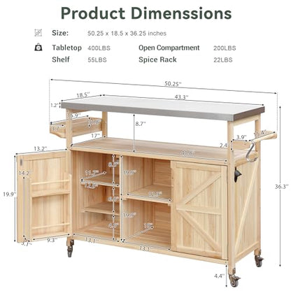 Outdoor Kitchen Rolling Bar Cart with Storage Cabinet, Farmhouse Solid Wood Outdoor Grill Table with Stainless Steel Top, Spice Rack and Towel Rack, Perfect for Barbecue Poolside Patio (Natural)