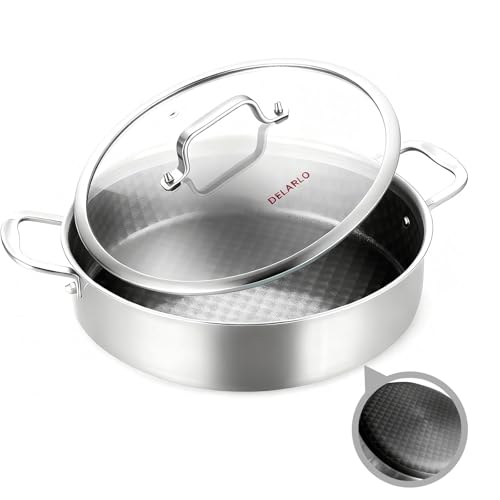 DELARLO Saute Pan 8QT, Frying Pan Nonstick with Lid, Tri-ply Stainless Steel Skillet, Large Braiser Induction, Everyday Pans, Heavy Duty Style, Compatible with All Cooktops Up to 660℉