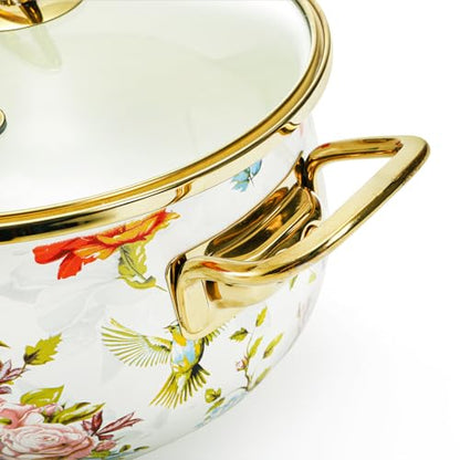 SOUJOY 2.8 Quart Enamel Stockpot with Glass Lid, Vintage Floral Soup Pot, Non-Stick Bean Stew Simmer Pot with Handle for Kitchen, Induction & Gas Stove Safe, Mother's Day, Wedding, Christmas Gift