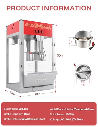 PopBria Commercial Popcorn Machine, Authentic 16oz Kettle Countertop Popcorn Maker with Waming Deck, 1600W Large Popcorn Machine for Restaurant, Concession Stand, Carnival, School, Office, Red
