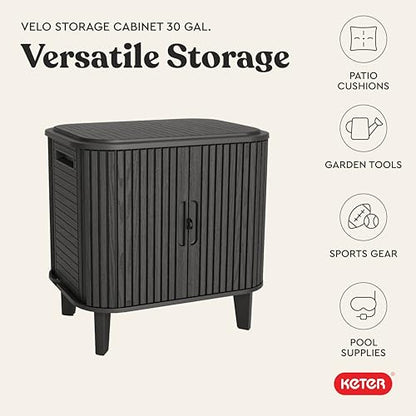 Keter Velo 30 Gallon Outdoor Storage Cabinet, Weather-Resistant Resin Deck Box with Steel Reinforcement, Lockable, Wood-Look Finish, Graphite