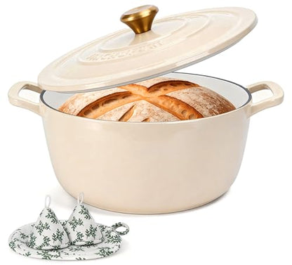 Enameled Cast Iron Dutch Oven - JINCHUFURI 5 Quart Cast Iron Dutch Oven Enameled Oven with Lid for Sourdough Bread Baking, Pre-Seasoned Pot Oven Safe