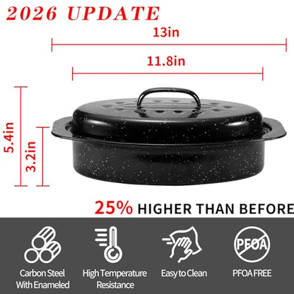 13” Granite Roasting Pan,Enameled Oval Roasting Pan with Domed Lid, Oval Turkey Roaster Pot, Broiler Pan Great - For Roasted Turkey, Chicken, Lamb, Vegetables 2026 Update