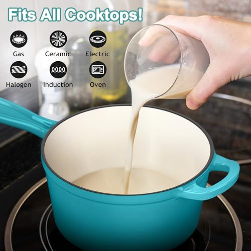 3 Quart Sauce Pan with Lid, Leonyo Enameled Cast Iron Sauce Pot, Large Cast Iron Pot Dutch Oven Kitchen Cookware for All Cooktops Cooking Pasta, Soup, Milk - Up to 500°F & 8bs, Lake Green