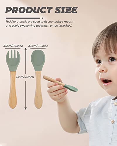 10 Pieces Bamboo Baby Spoons & Baby Forks Set, Chewable Baby Utensils for Self-Feeding, Bamboo and Silicone Baby Utensils, Kids Utensils for Over 6 Months Babies