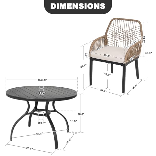 NUU GARDEN 5-Piece Outdoor Dining Set, Round Outdoor Table and Chairs for 4, All Weather Patio Furniture Set with Umbrella Hole, Handwoven Twisted Rattan Outdoor Chairs with Cushions, Brown and Black