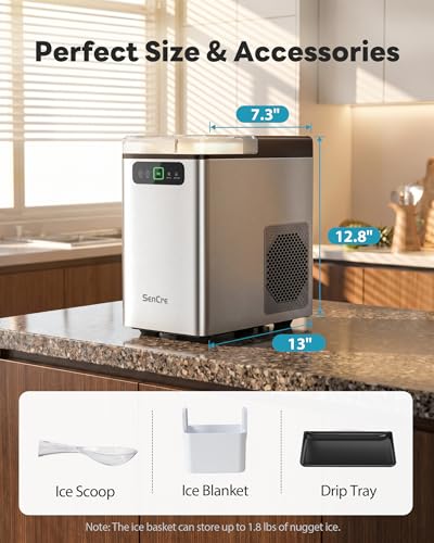 SenCre Nugget Ice Maker Countertop 40Lbs/24H Soft Chewable Ice Machine Pellet Crushed Ice Makers, One-Click Operation Auto Self-Cleaning Stainless Steel with Scoop for Home Kitchen Office, Silver