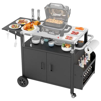 StructoMax XL Outdoor Grill Cart with Cabinet, Extra-Wide Stainless Steel Table Top, Large Spice Rack & Lockable Wheels, Outdoor Kitchen Island Grill Table for BBQ, Cooking & Prep