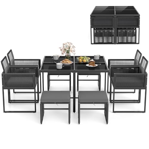Tangkula 9 Pieces Patio Dining Set, Outdoor Space-Saving Furniture Set with PE Rattan Chairs, Tempered Glass Table and Ottomans, Outdoor Sectional Conversation Set with Cushions for Yard