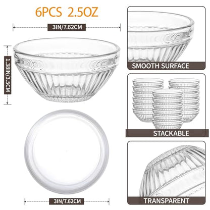 FUYITE 6 Pack Mini 3 Inch Small Glass Bowls with 6 Pack Lids, 2.5 oz Clear Glass Pinch Bowls, Condiment Containers, for Dips, Nuts, Candy, Snacks, Meal Prep Bowls
