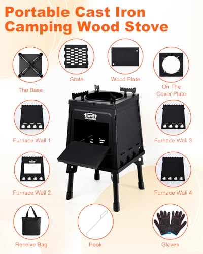 GVUHR Portable Wood Burning Stove - Lightweight Cast Iron Camp Stove for Backpacking，A Small Size 8.9in * 8.9in * 8.7in Backpacking Camping Stove Kit (Black, Small)
