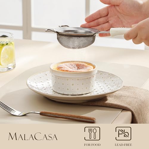 MALACASA Ramekins 6 Oz Oven Safe, Ceramic Creme Brulee Souffle Dishes, Pudding Custard Cups Ramekin For Baking, Small Dipping Sauce Bowls, Set of 4, Microwave and Dishwasher Safe, Arctic White