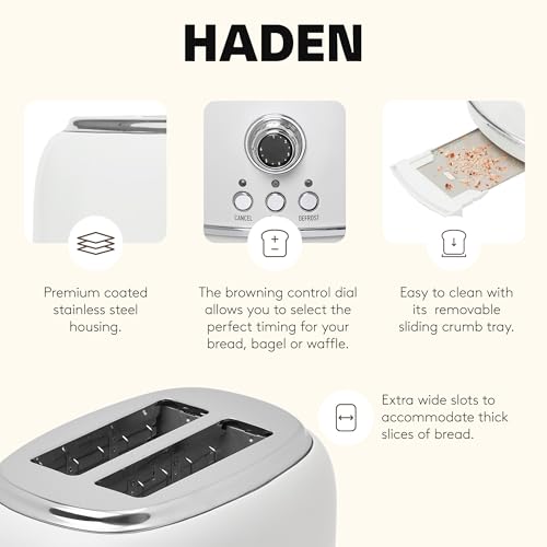 Haden Heritage 2-Slice Wide-Slot Toaster, Stainless-Steel Bread Toaster with Adjustable Browning Control, Non-Slip Feet & Crumb Tray, Ivory & Chrome