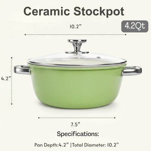 ZENFUN Ceramic Nonstick Stock Pot with Lid, 4.2 Quart Soup Pot, Cooking Pot Stew Pots, Induction Compatible Stockpot, Avocado Green