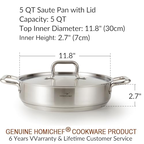 HOMICHEF Braiser Pan 5 Quart with Lid Nickel Free Stainless Steel - Matte Polished Deep Saute Pan Non Toxic - 5 Qt Braiser with Stainless Steel Lid Induction