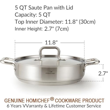 HOMICHEF Braiser Pan 5 Quart with Lid Nickel Free Stainless Steel - Matte Polished Deep Saute Pan Non Toxic - 5 Qt Braiser with Stainless Steel Lid Induction