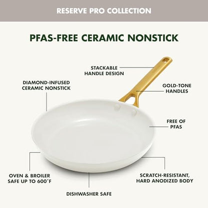 GreenPan Nonstick Reserve Pro 10 Piece Cookware Set, NSF Certified Ceramic, Hard Anodized PFAS-Free Pots & Pans Set with Lids, Stainless Steel Handles, Oven & Dishwasher Safe, Cream White