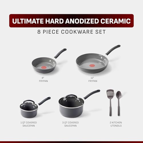 T-Fal Ultimate Hard Anodized Ceramic Nonstick 8 Piece Cookware Set, Oven Safe Up to 400°F, Dishwasher Safe, Pots and Pans Set, Includes Frying Pans, Saucepan, Cooking Utensils, Stone
