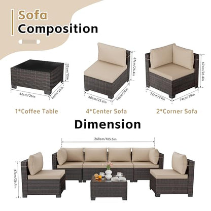 LEVELEVE 7 Pieces Outdoor Patio Furniture Sets,Rattan Conversation Sectional Set,Manual Weaving Wicker Patio Sofa with Tea Table