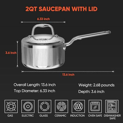 GLOBEHOME 2 Quart Saucepan with Lid, 5-Ply Stainless Steel Sauce Pan, Induction Compatible & Oven Broiler Safe to 800°F, Heavy Duty Sauce Pot for Even Heating, Dishwasher Safe