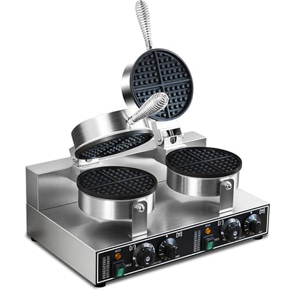 110V 2600W Commercial Double Waffle Maker,Non-Stick Commercial Waffle Baker,Stainless Steel Belgian Waffle Iron for Restaurant Party Food Stall, Bakery Snack Bar Family