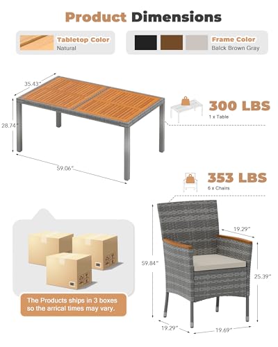 Flamaker 7 Piece Patio Dining Set Outdoor Acacia Wood Table and Chairs with Soft Cushions Wicker Patio Furniture for Deck, Backyard, Garden (Grey)