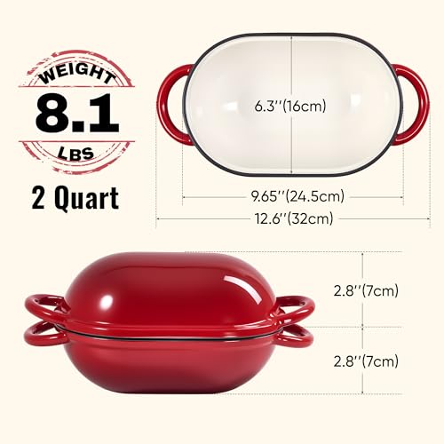 2 QT Oval Dutch Oven for Bread Baking, Enamelled Cast Iron Bread Oven for Sourdough, Sourdough Loaf Pan with Lid, Heavy-Duty Non Stick Bread Pan for Homemade Bread Baking, Red