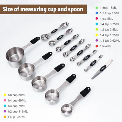 Magnetic Measuring cups and spoons Set, 5 Stainless Steel Magnetic Measuring Cup and 8 Double Sided Measuring Spoons with 1 Leveler，Kitchen Gadgets for Cooking & Baking