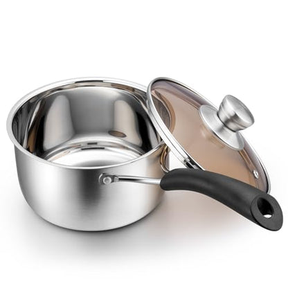 P&P CHEF 2 Quart Saucepan Small Pot, Stainless Steel Saucepan with Lid, Small Sauce Pan for Home Kitchen Restaurant Cooking, Visible Glass lid & Bakelite Heat-Proof Handles,Dishwasher Safe, 1 Pc