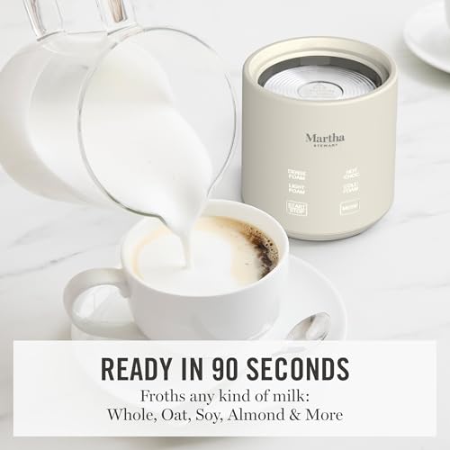 Martha Stewart Milk Frother and Steamer, 10oz/300ml Glass Cup, 4 Presets (Cold Foam, Light, Dense & Hot Chocolate), Ready in 90 Seconds, Cordless Pouring, One-Touch for Hot and Cold Milk, Linen Cream