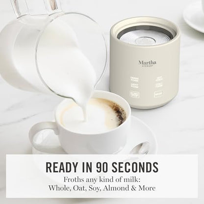 Martha Stewart Milk Frother and Steamer, 10oz/300ml Glass Cup, 4 Presets (Cold Foam, Light, Dense & Hot Chocolate), Ready in 90 Seconds, Cordless Pouring, One-Touch for Hot and Cold Milk, Linen Cream