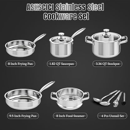 ASKSCICI Stainless Steel Cookware Set, 16-Piece Pots and Pans Set Non Toxic, Kitchen Induction Cookware with Glass Lids, Steamer, Utensil Sets, Pot Protectors & Apron, Oven & Dishwasher Safe, Silver