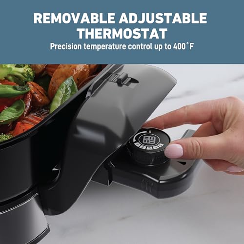 West Bend 11”x11” Electric Skillet with Diamond Shield Ceramic Nonstick, Removable Foldable Base, Tempered Glass Lid with Vent, Adjustable Thermostat, Cool Touch Handles, 4.2-Qt, Black/Stainless Steel