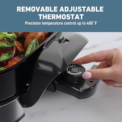 West Bend 11”x11” Electric Skillet with Diamond Shield Ceramic Nonstick, Removable Foldable Base, Tempered Glass Lid with Vent, Adjustable Thermostat, Cool Touch Handles, 4.2-Qt, Black/Stainless Steel