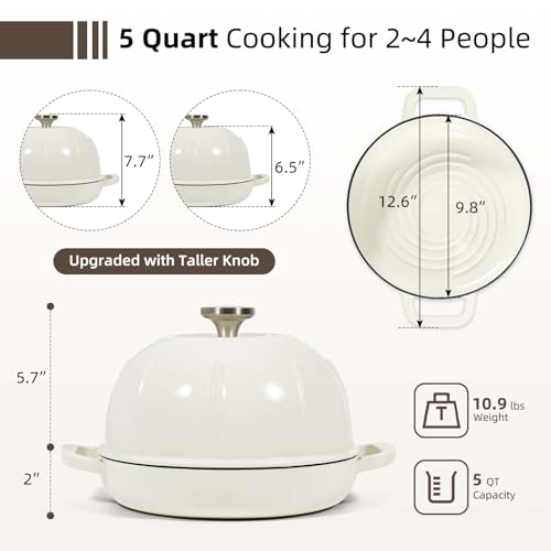 Davivy 5QT Dutch Oven for Sourdough Bread, Enamel Cast Iron Bread Pan, Round Sourdough Pan Bread Dutch Oven Bread Cloche with Slicone Oven Mitts - White