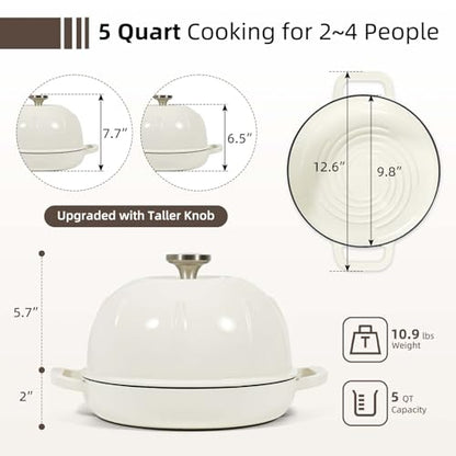 Davivy 5QT Dutch Oven for Sourdough Bread, Enamel Cast Iron Bread Pan, Round Sourdough Pan Bread Dutch Oven Bread Cloche with Slicone Oven Mitts - White