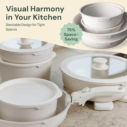 Pinnacle Cookery 15-Piece White Granite Nonstick Cookware Set – Detachable Handles & Tempered Glass Lids – Stackable & Cool-Touch - Induction & Oven Safe to 480°F - Scratch-Resistant, PFOA & PFOS-Free