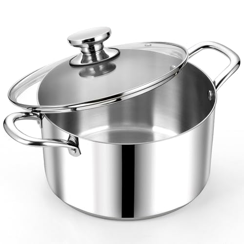 P&P CHEF 8 Quart Tri-Ply Stainless Steel Stock Pot, 8 Qt Stockpot Pasta Cooking Pot with Visible Lid for Soup Vegetable, Induction Cookware for All Stoves, Sturdy & Double Handle, Dishwasher Safe