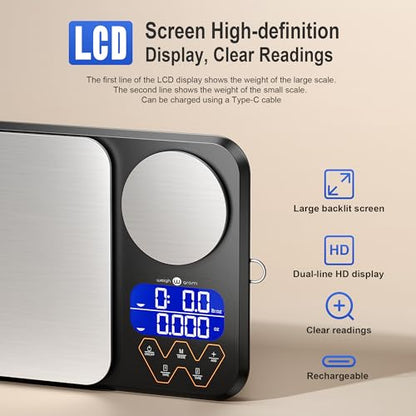 Rechargeable 0.01g/5kg Dual Platform Food Kitchen Scales Digital Weight Grams and Ounces, Two Precisions Kitchen Scale for Sourdough Bread, Baking and Cooking with 3 Units Tare, Accumulation Functions